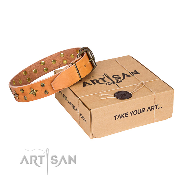 Decorated leather dog collar for comfy wearing
