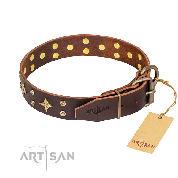 Everyday use natural genuine leather collar with studs for your canine