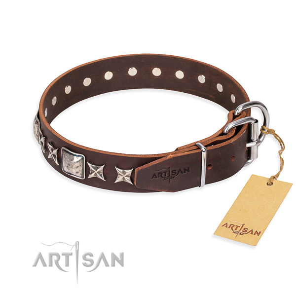 Handy use full grain genuine leather collar with adornments for your four-legged friend