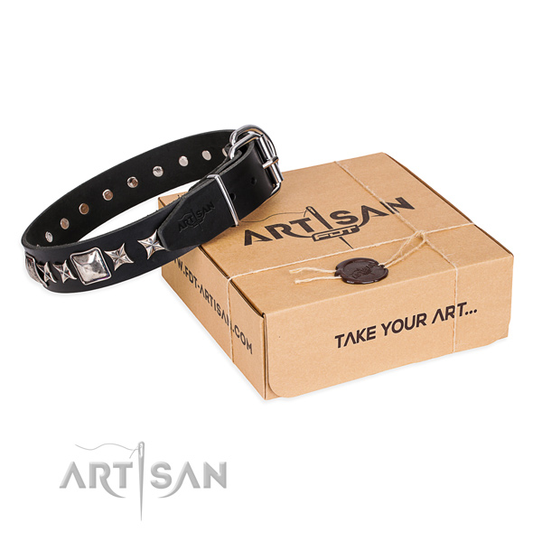Adorned full grain genuine leather dog collar for comfortable wearing