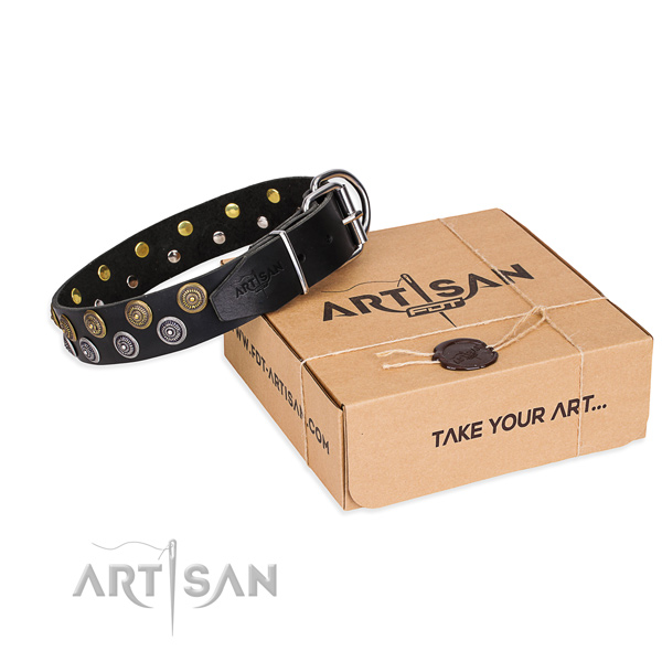 Genuine leather dog collar with decorations for walking