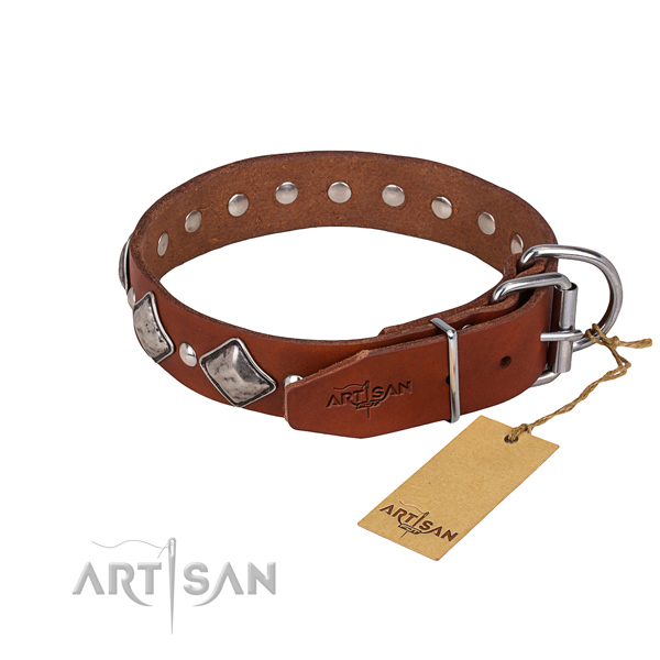 Durable leather dog collar with non-corrosive fittings