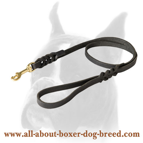 Braided leather leash for Boxer with brass snap hook  